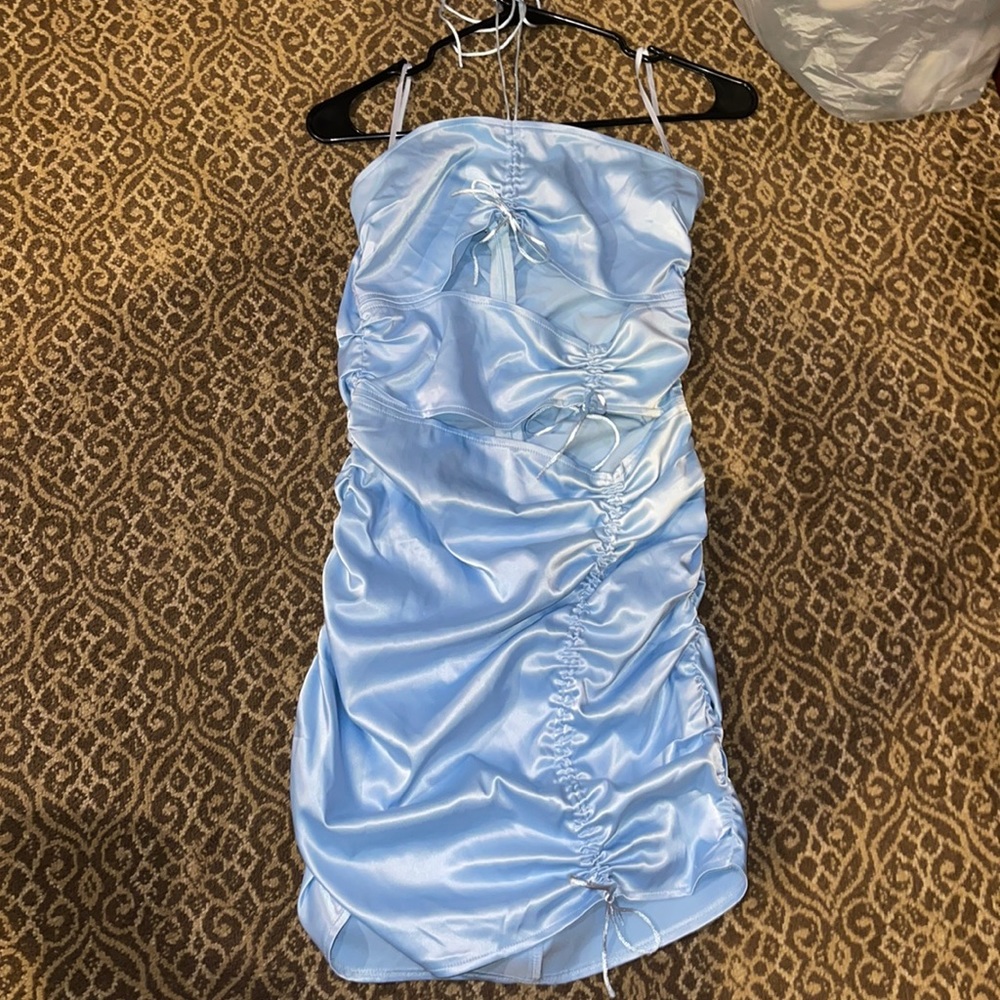White Fox light blue dress with holes and ties